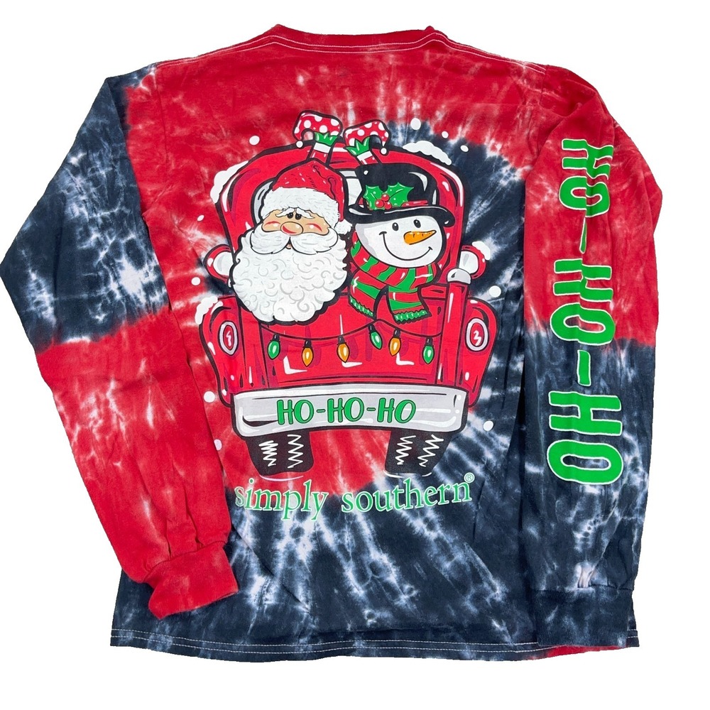 Simply Southern‎ Shirt Women Small Red Blue Tie Dye Christmas Santa Snow Man